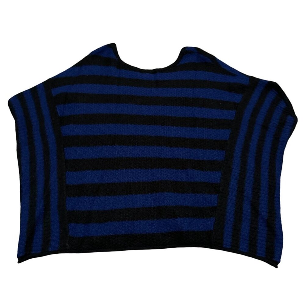 Free People Striped Oversized Poncho Sweater Blue Black Wool Blend Medium i2 - Picture 2 of 6